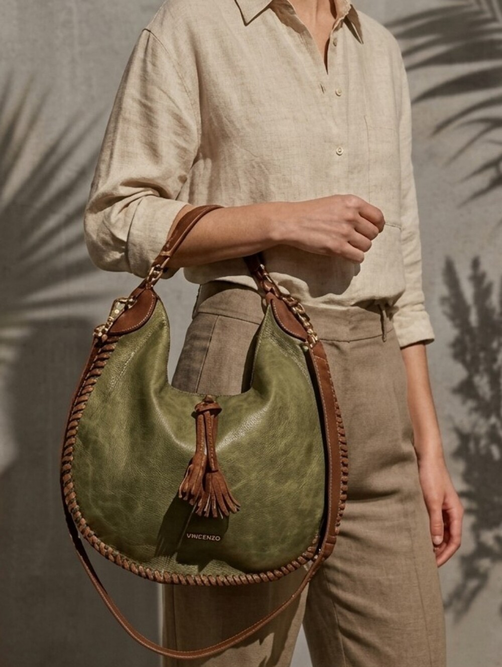 NWT Olive Green Vegan Leather Hobo Bag Boho Crossbody Tassel Slouchy